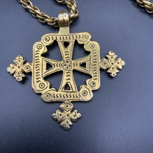 Vintage Ethiopian Coptic Cross Pendant Necklace Reversible Gold Tone 24" - Picture 4 of 9